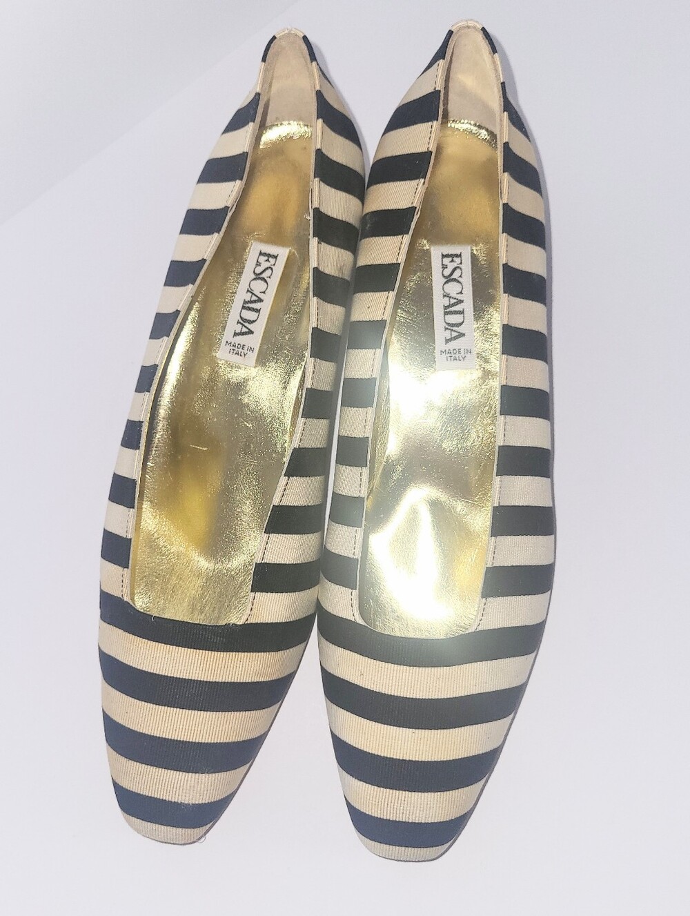 1980's Escada Vintage Black & Cream Stripe Low Heel Pumps Size 9.5